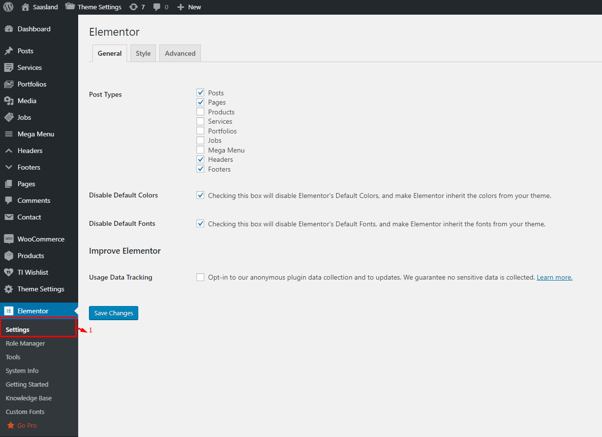 WordPress Dashboard > Elementor Page Builder Settings Dashboard